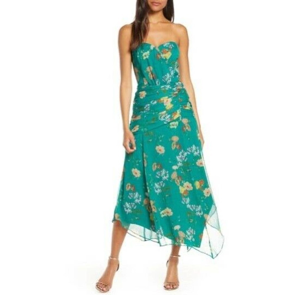 Harlyn Strapless Floral asymmetric hem Midi Dress Size M wedding guest fairy